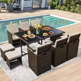11 Pcs Patio Dining Set Space Saving Rattan Furniture W/ Ottoman, Cushion & Dust Cover